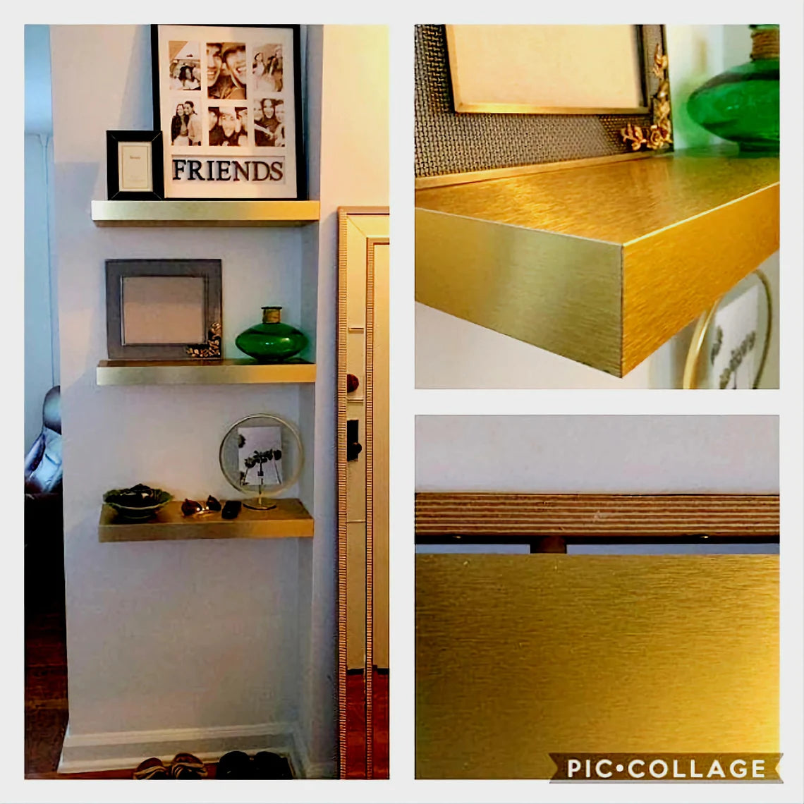 Golden(solid stainless-brushed brass )laminated modern wooden floating shelf,kitchen shelf