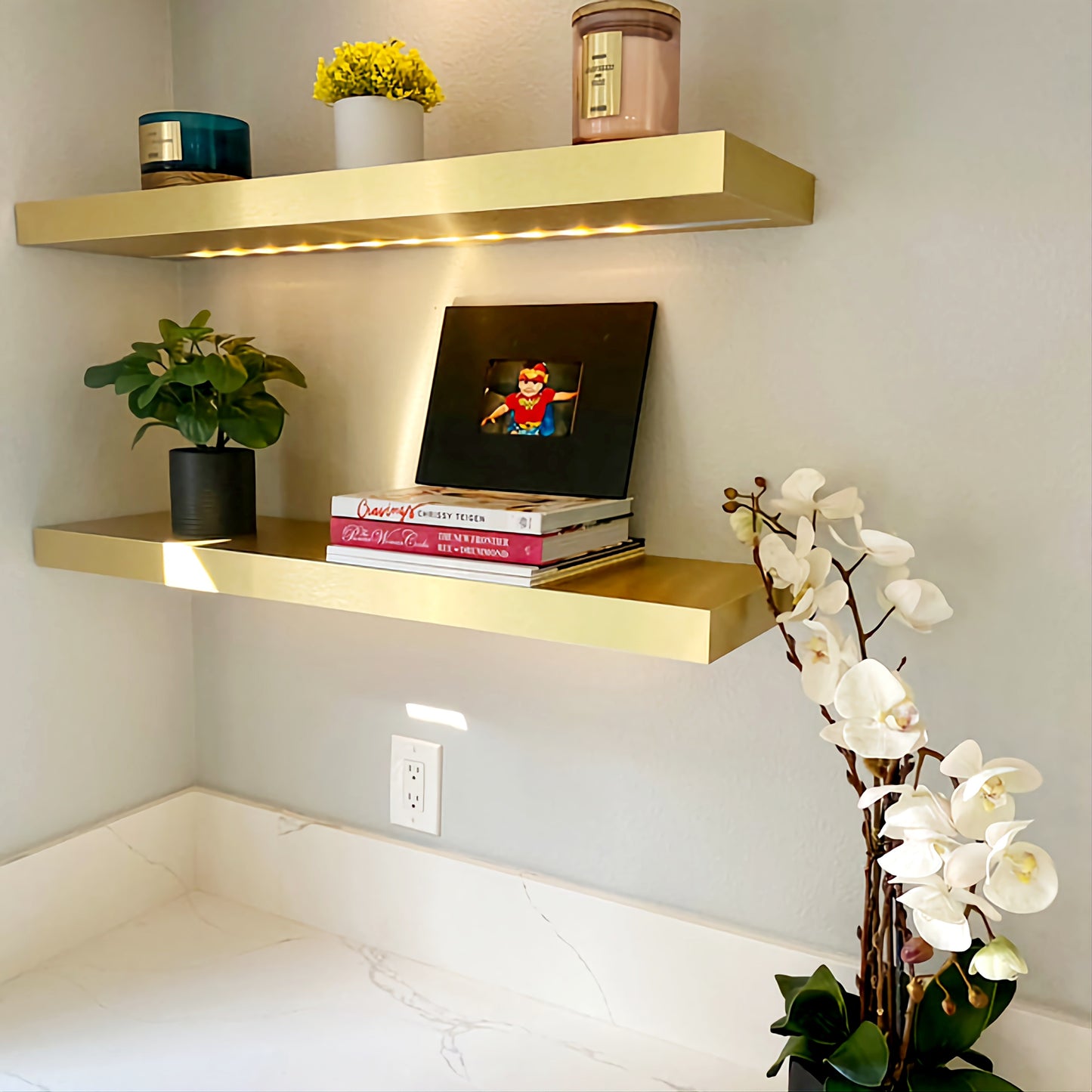 Floating shelf, kitchen shelves, wall shelf with led striplight Golden (solid stainless-brushed brass ) laminated modern wooden