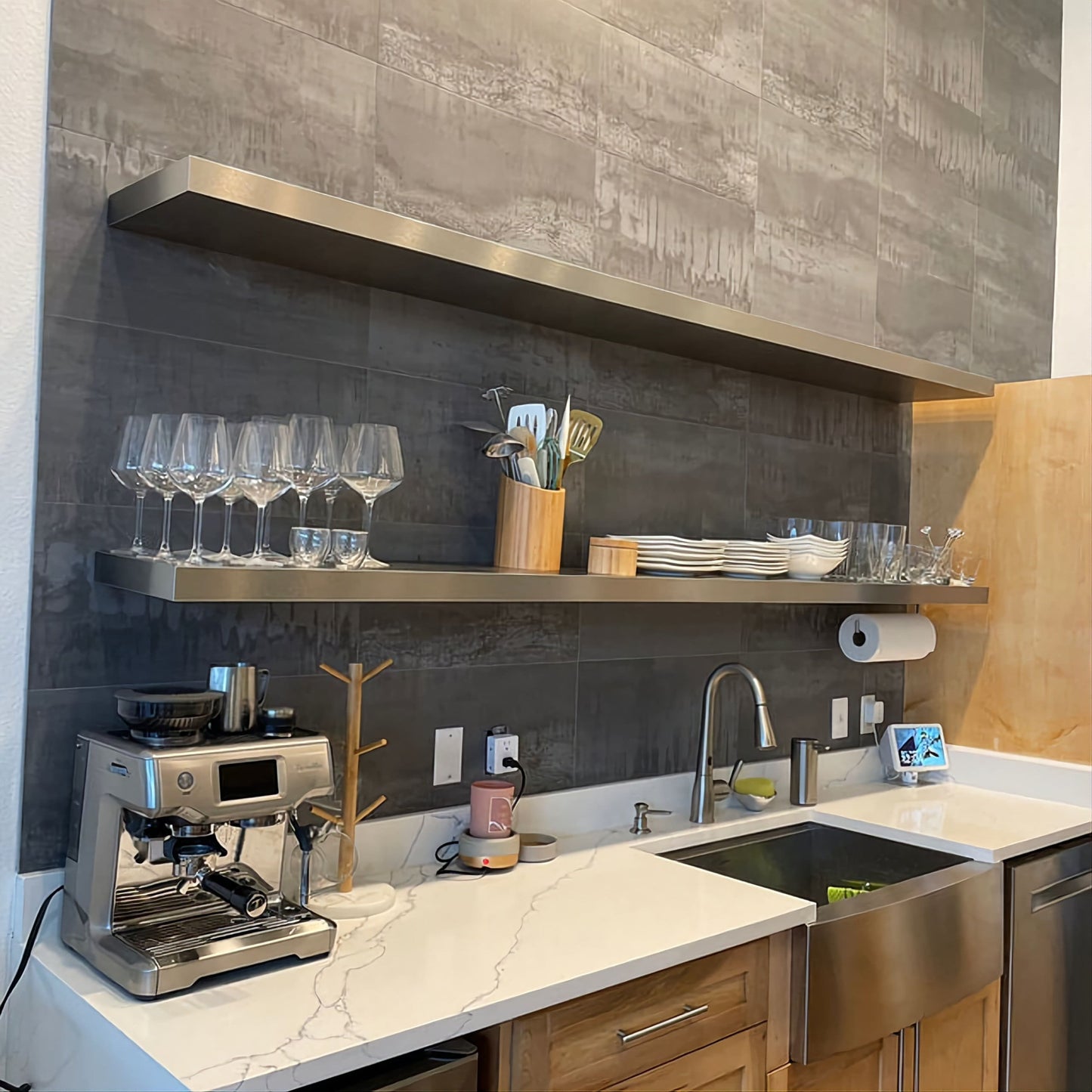 Custom Modern Stainless Steel Floating Shelf, kitchen metal shelves( Laminated with 0'8 mm solid hairline stainless)